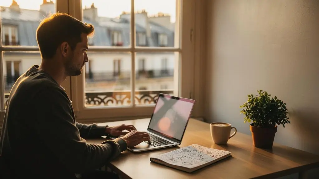 Développeur autodidacte concentré sur la création d'un site web performant dans un espace de travail lumineux inspiré de l'architecture parisienne