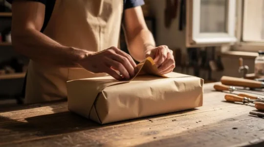 Artisan français emballant avec soin un colis pour une vente en ligne fondée sur la confiance et la transparence