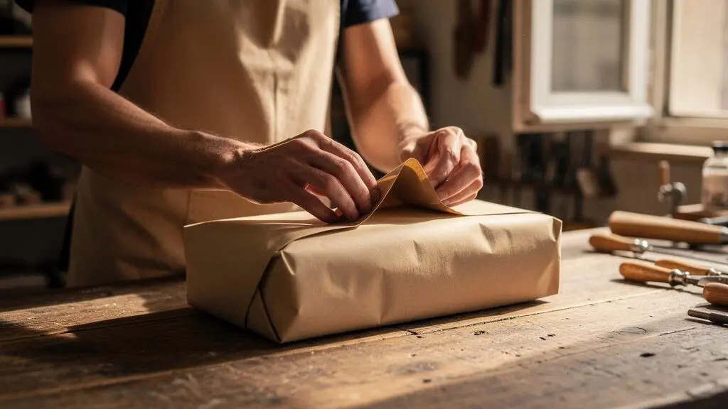 Artisan français emballant avec soin un colis pour une vente en ligne fondée sur la confiance et la transparence