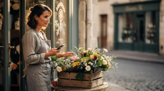 Artisan française équilibrant son métier manuel et une brève pause numérique dans sa boutique