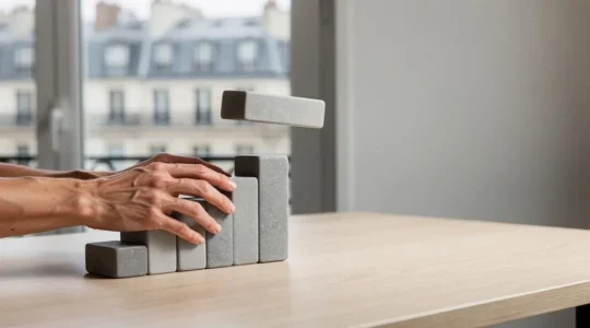 Rédacteur agençant des blocs de contenu en escalier pour symboliser la structuration d'un article vers la position zéro sur Google