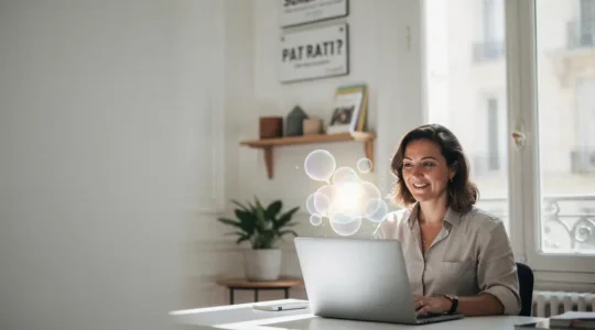 Dirigeant de PME francaise souriant face a une visualisation abstraite de conversation numerique sur un ordinateur portable dans un bureau lumineux