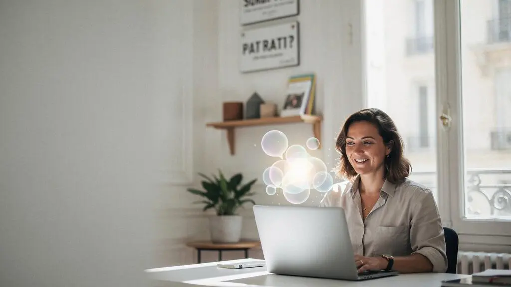 Dirigeant de PME francaise souriant face a une visualisation abstraite de conversation numerique sur un ordinateur portable dans un bureau lumineux
