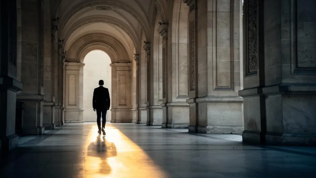 Silhouette traversant un couloir de pierre parisien eclaire par un rayon de lumiere dore symbolisant un parcours de conversion clair
