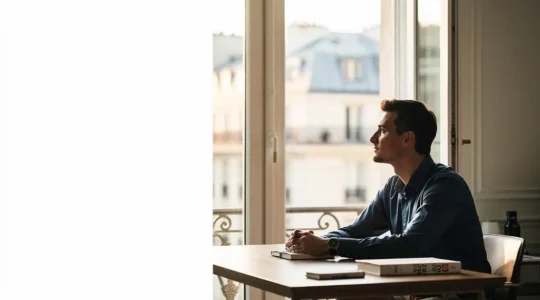 Jeune professionnel francais reflechissant a son choix de plateforme de formation digitale dans un appartement parisien lumineux