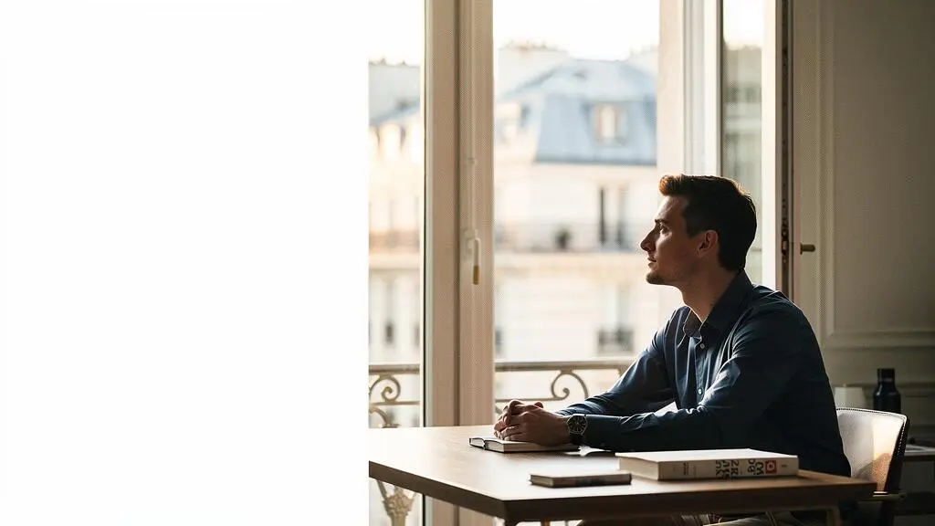 Jeune professionnel francais reflechissant a son choix de plateforme de formation digitale dans un appartement parisien lumineux
