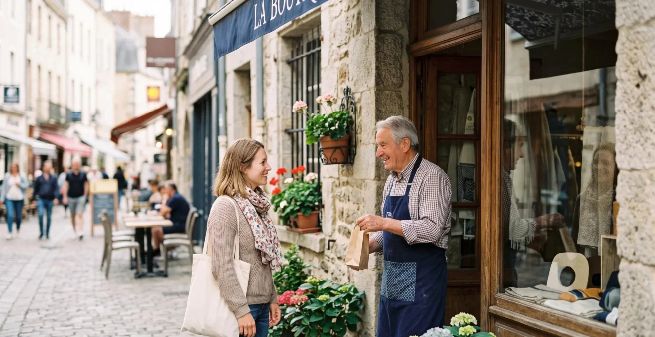 Un commerçant de quartier français échangeant chaleureusement avec un client devant sa boutique, symbole d'une stratégie phygitale réussie