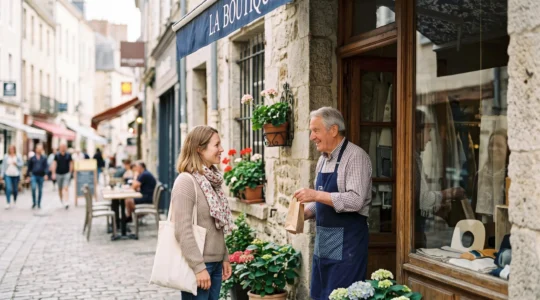 Un commerçant de quartier français échangeant chaleureusement avec un client devant sa boutique, symbole d'une stratégie phygitale réussie