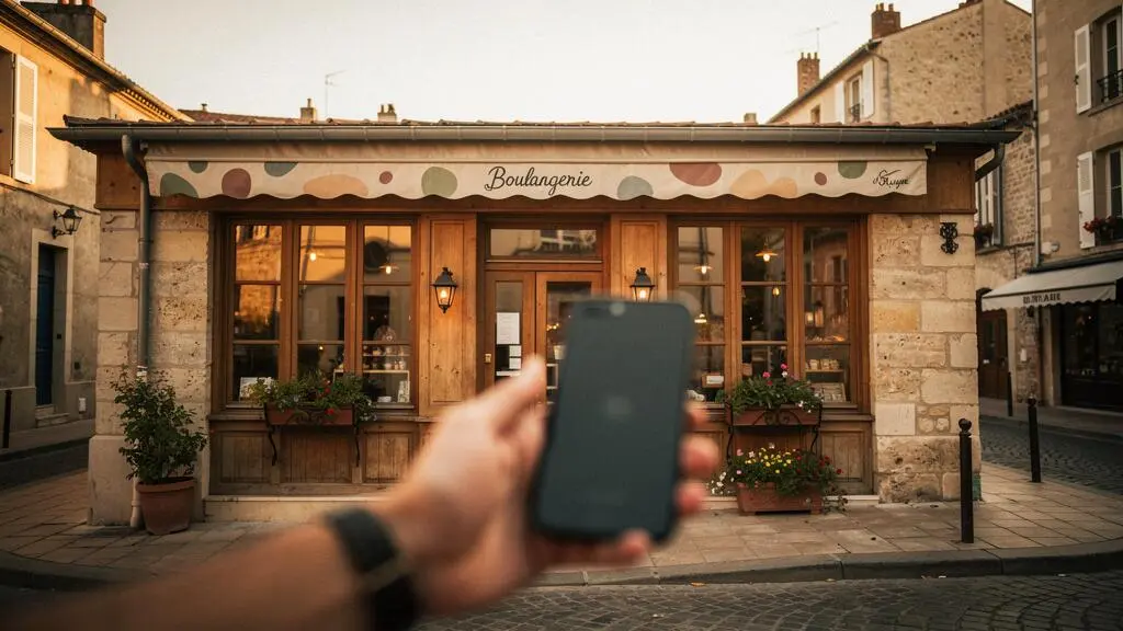 Vitrine d'un commerce de quartier français où un client scanne discrètement un support imprimé avec son smartphone, symbolisant le pont entre marketing traditionnel et digital