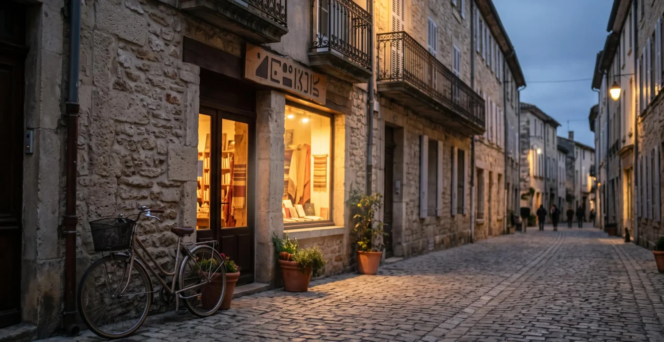 Devanture d'une boutique de quartier française illuminée le soir, symbolisant le lien entre commerce physique et présence numérique