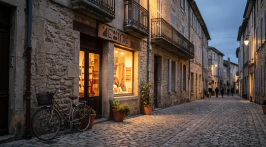 Devanture d'une boutique de quartier française illuminée le soir, symbolisant le lien entre commerce physique et présence numérique