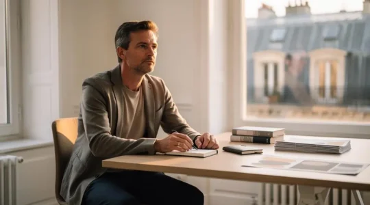 Un expert français au travail dans un bureau lumineux, symbolisant la création de contenu qui devient une référence dans son domaine.