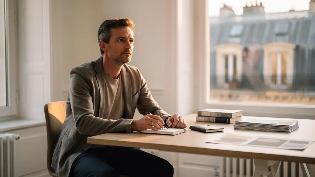 Un expert français au travail dans un bureau lumineux, symbolisant la création de contenu qui devient une référence dans son domaine.