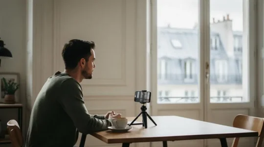 Un entrepreneur français filme une vidéo marketing professionnelle avec son smartphone monté sur un mini-trépied, dans un cadre lumineux et épuré