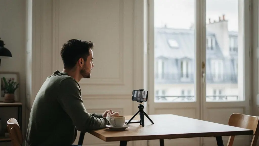 Un entrepreneur français filme une vidéo marketing professionnelle avec son smartphone monté sur un mini-trépied, dans un cadre lumineux et épuré