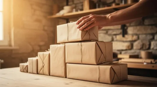 Photographie éditoriale symbolisant la croissance rapide du chiffre d'affaires d'une boutique en ligne française grâce à des colis empilés en forme ascendante