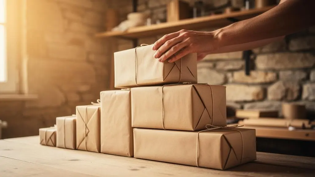 Photographie éditoriale symbolisant la croissance rapide du chiffre d'affaires d'une boutique en ligne française grâce à des colis empilés en forme ascendante