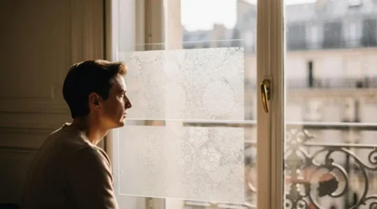 Une personne assise pres d'une fenetre observe la lumiere traverser plusieurs couches de verre depoli, symbolisant la recherche du sens cache derriere une requete