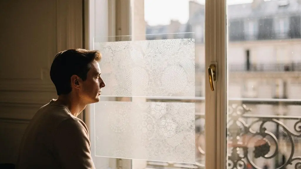Une personne assise pres d'une fenetre observe la lumiere traverser plusieurs couches de verre depoli, symbolisant la recherche du sens cache derriere une requete
