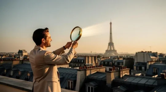 Analyste marketing digital observant les toits de Paris a l'aube avec une loupe symbolisant la detection d'opportunites de mots-cles