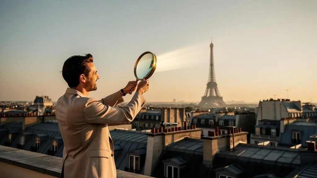 Analyste marketing digital observant les toits de Paris a l'aube avec une loupe symbolisant la detection d'opportunites de mots-cles