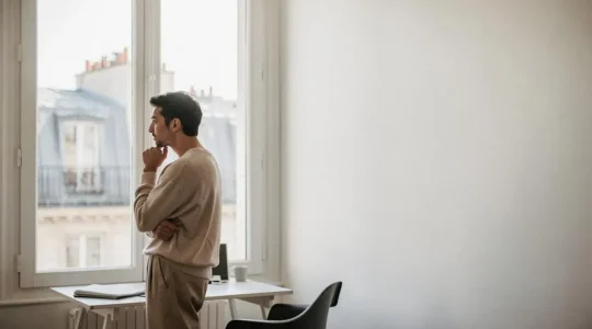 Redacteur pensif regardant par une fenetre haussmannienne parisienne, symbolisant l'ecoute de l'audience avant d'ecrire un contenu