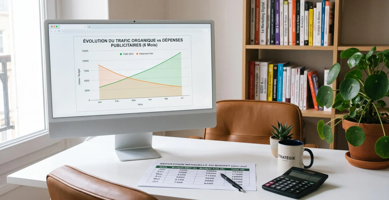 Écran d'ordinateur affichant un graphique d'évolution avec courbe montante du trafic SEO organique et courbe descendante des dépenses publicitaires Ads, accompagné d'un tableur budgétaire imprimé sur un bureau