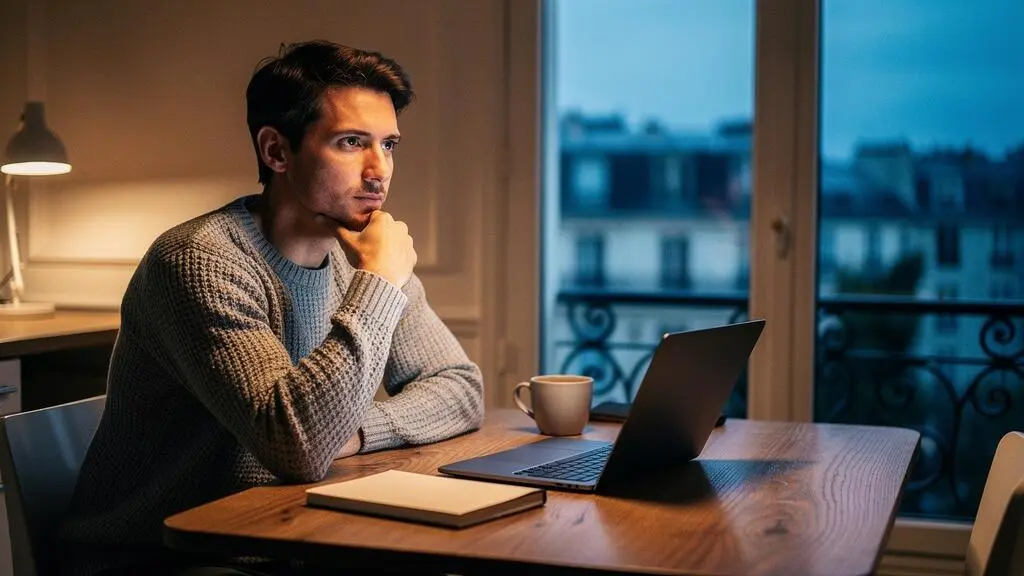 Salarié français étudiant le soir chez lui pour se former au digital tout en gardant un equilibre de vie