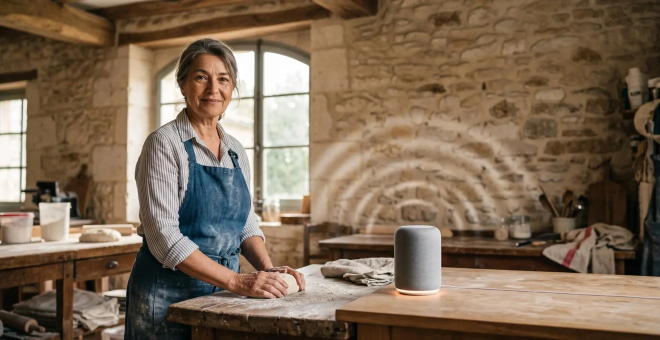 Un artisan francais dans son atelier consultant une enceinte connectee, symbole de la source citee par Google Assistant