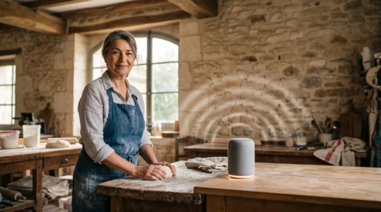 Un artisan francais dans son atelier consultant une enceinte connectee, symbole de la source citee par Google Assistant