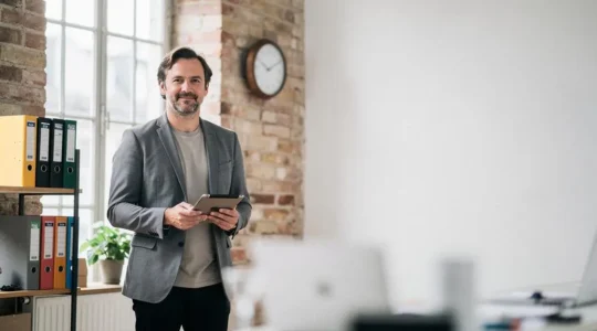 Dirigeant de PME française organisant sereinement sa communication digitale depuis un bureau lumineux et épuré