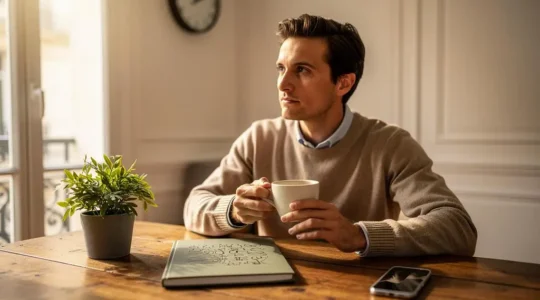 Entrepreneur francais gerant serenement sa communaute en ligne depuis un appartement parisien lumineux, symbole d'une gestion maitrisee du temps sur les reseaux sociaux