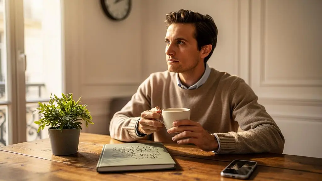 Entrepreneur francais gerant serenement sa communaute en ligne depuis un appartement parisien lumineux, symbole d'une gestion maitrisee du temps sur les reseaux sociaux