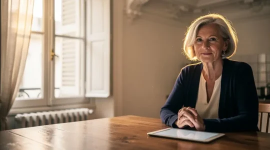 Une femme senior francaise utilise sereinement un appareil numerique dans son salon, illustrant une interface web accessible et rassurante