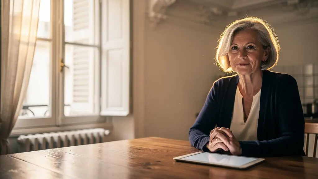 Une femme senior francaise utilise sereinement un appareil numerique dans son salon, illustrant une interface web accessible et rassurante