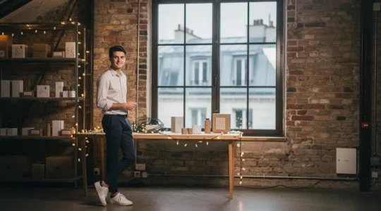 Entrepreneur français dans un loft parisien préparant le lancement de son produit, symbolisant une stratégie de buzz marketing sans gros budget