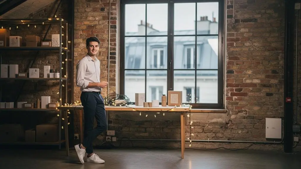 Entrepreneur français dans un loft parisien préparant le lancement de son produit, symbolisant une stratégie de buzz marketing sans gros budget