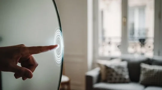 Main effleurant une surface lumineuse epuree, symbolisant une micro-animation fluide et discrete sur un site web