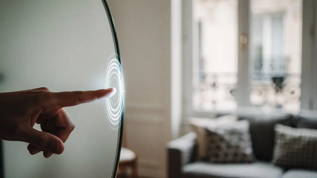 Main effleurant une surface lumineuse epuree, symbolisant une micro-animation fluide et discrete sur un site web