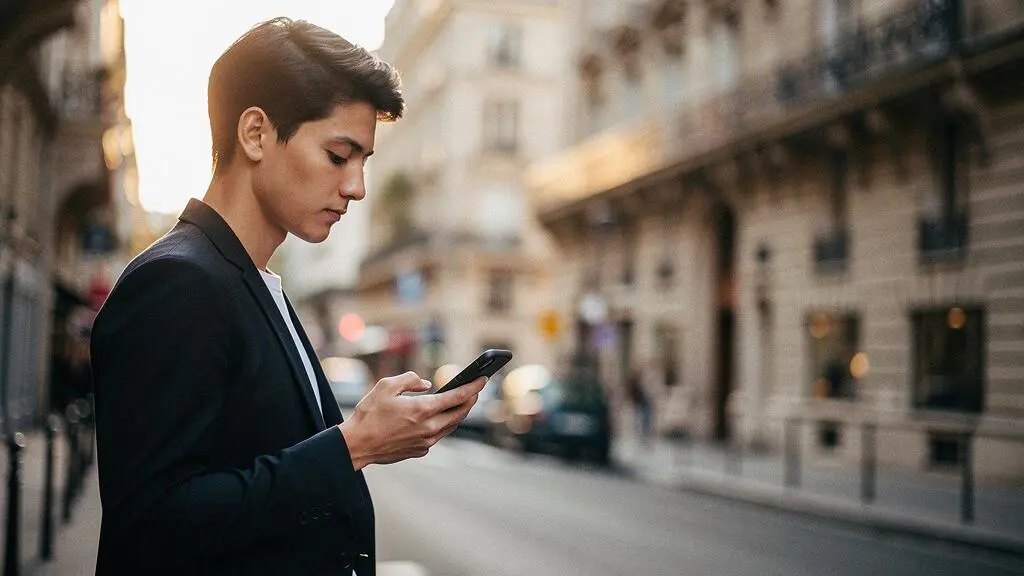 Personne utilisant son smartphone d'une seule main dans une rue parisienne, illustrant la navigation mobile au pouce