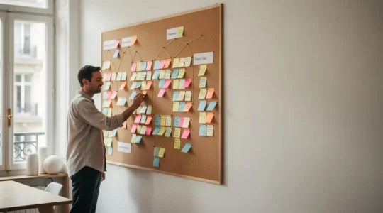 Personne en reconversion professionnelle organisant son parcours de formation digitale sur un tableau de planification, dans un bureau lumineux en France
