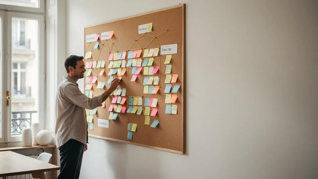 Personne en reconversion professionnelle organisant son parcours de formation digitale sur un tableau de planification, dans un bureau lumineux en France