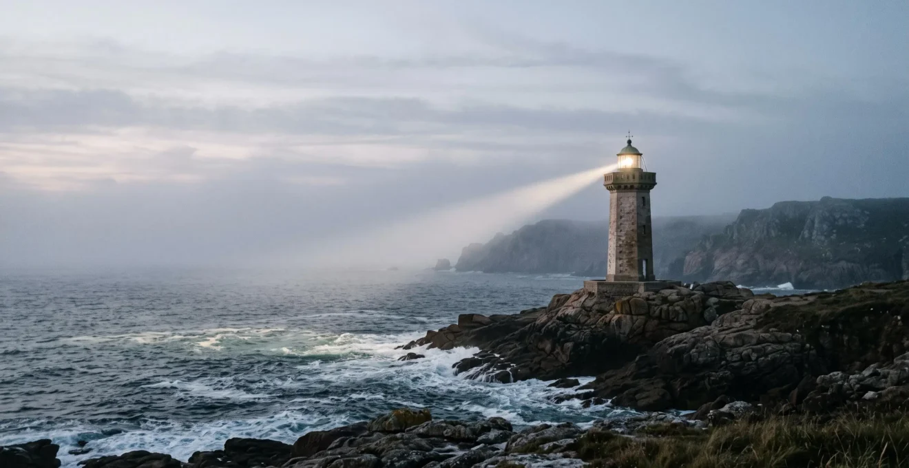 Un phare isolé sur une côte bretonne projetant un faisceau de lumière net et puissant dans la brume, symbolisant la clarté d'une expertise de niche face à la dispersion d'un site généraliste