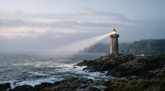 Un phare isolé sur une côte bretonne projetant un faisceau de lumière net et puissant dans la brume, symbolisant la clarté d'une expertise de niche face à la dispersion d'un site généraliste