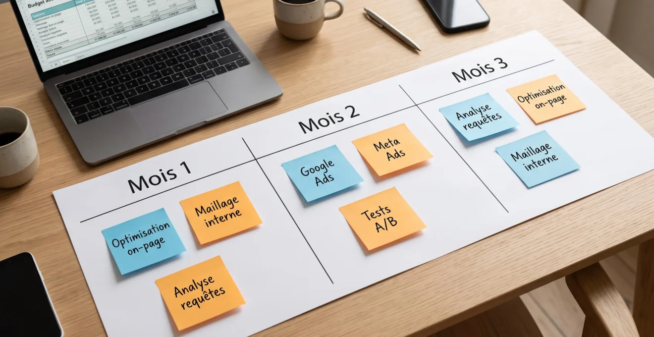 Vue de dessus d'un planning mensuel papier divisé en trois colonnes Mois 1, 2 et 3, avec post-it bleus et orange indiquant les actions SEO et Ads à déployer séquentiellement