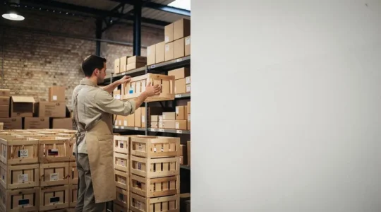 Entrepot e-commerce francais avec caisses en bois organisees par ordre de priorite, symbolisant la strategie SEO d'un catalogue de 500 produits