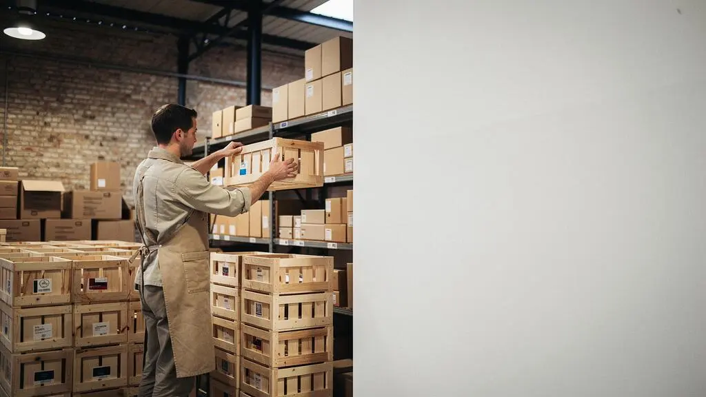 Entrepot e-commerce francais avec caisses en bois organisees par ordre de priorite, symbolisant la strategie SEO d'un catalogue de 500 produits