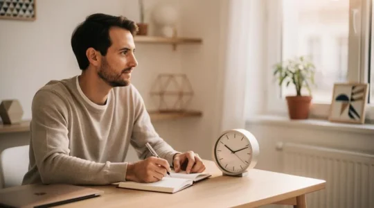 Entrepreneur francais concentre et efficace, symbolisant la priorisation des techniques SEO avec un temps limite de 5 heures par semaine