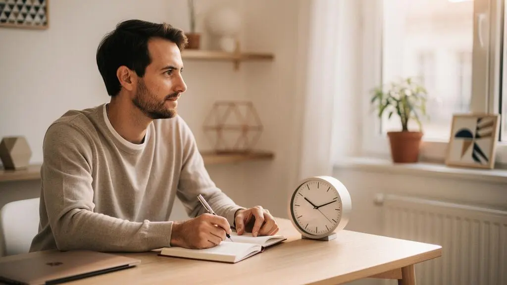Entrepreneur francais concentre et efficace, symbolisant la priorisation des techniques SEO avec un temps limite de 5 heures par semaine