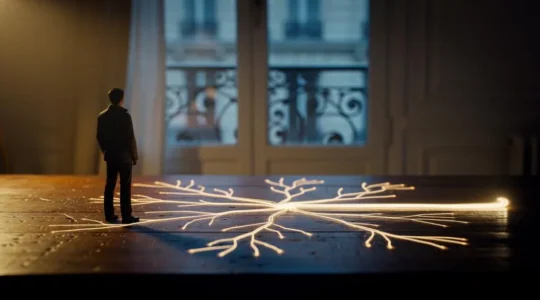 Silhouette d'un internaute français plongé dans la réflexion face à de multiples chemins lumineux symbolisant un parcours d'achat en ligne